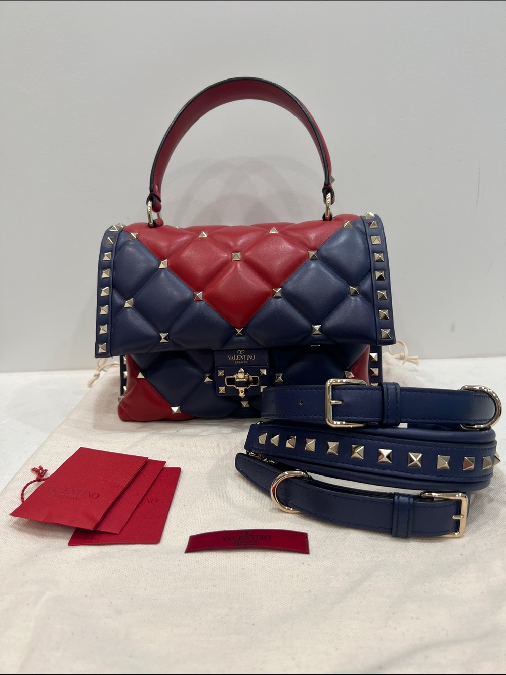 Valentino Quilted Rockstud Top Handle Satchel in Red & Navy